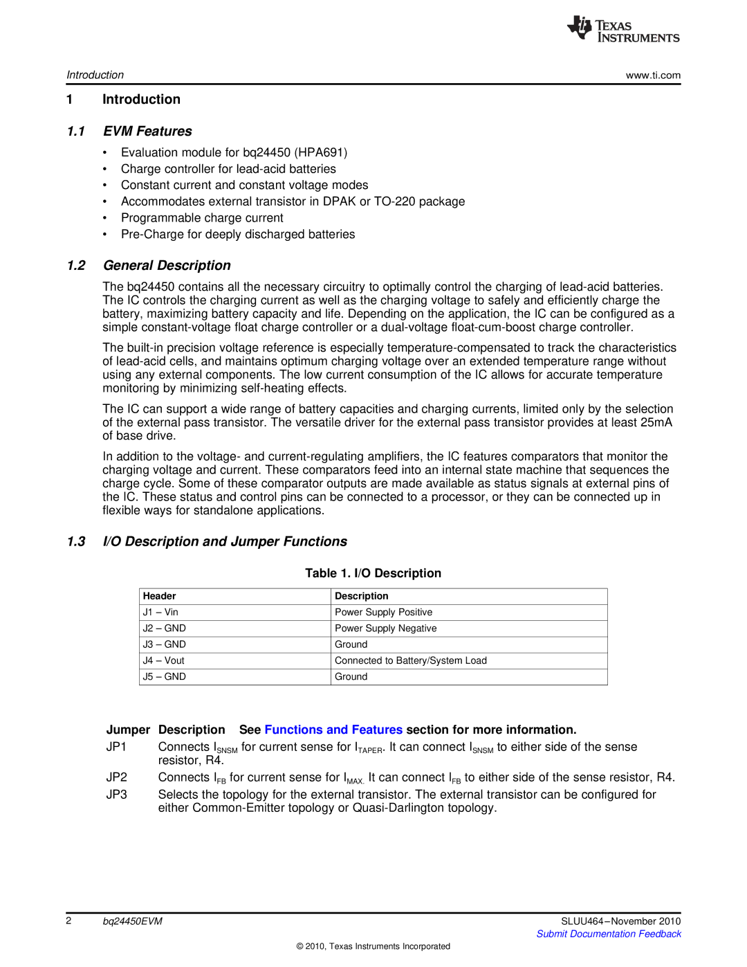 Texas Instruments BQ24450EVM manual Introduction, EVM Features, General Description, I/O Description and Jumper Functions 