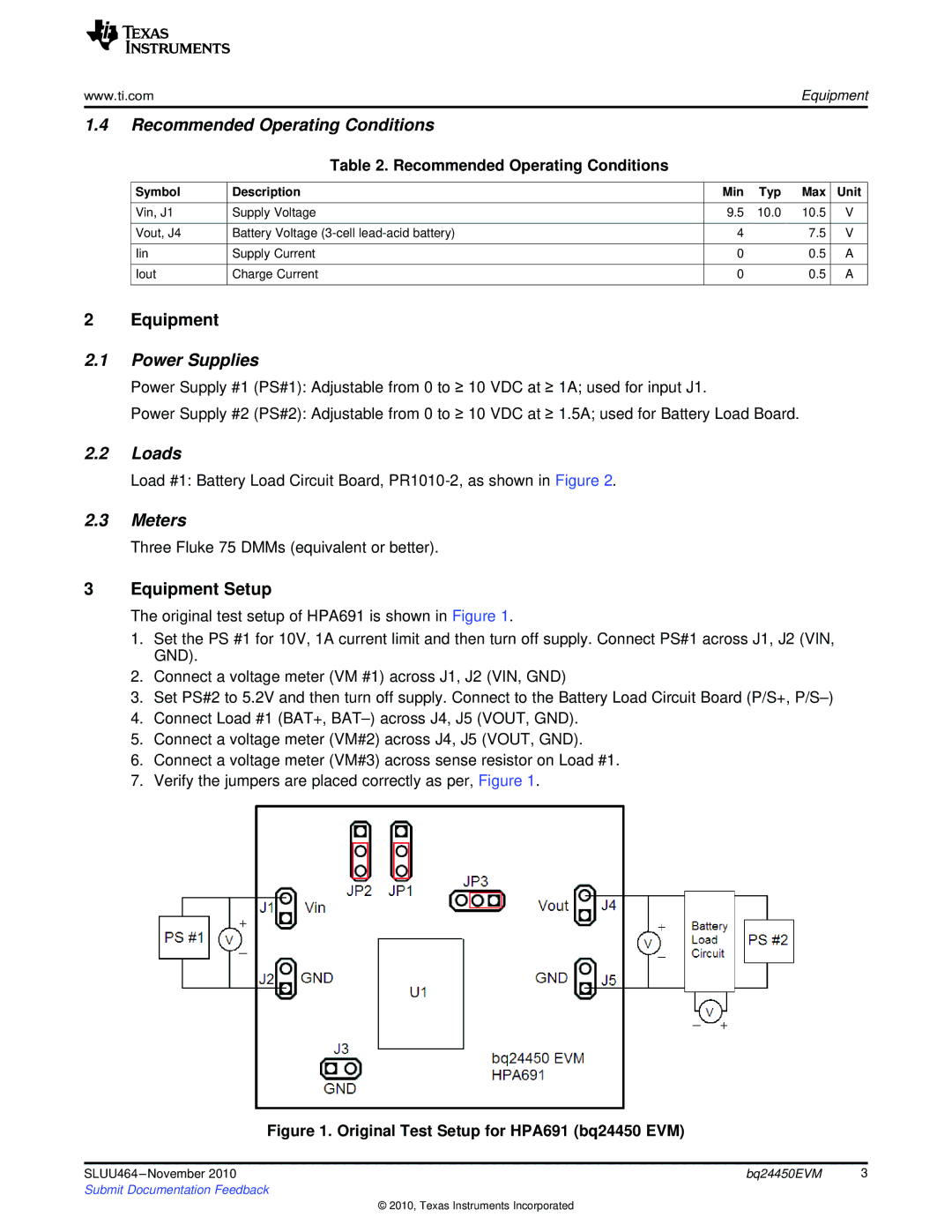 Texas Instruments BQ24450EVM manual Recommended Operating Conditions, Power Supplies, Loads, Meters 