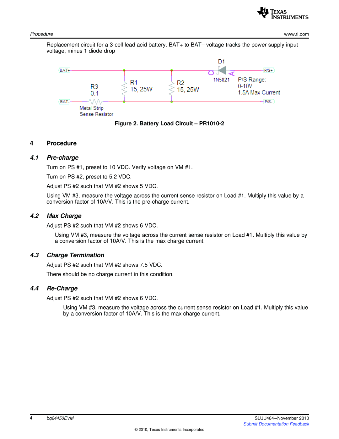 Texas Instruments BQ24450EVM manual Procedure, Pre-charge, Max Charge, Charge Termination, Re-Charge 