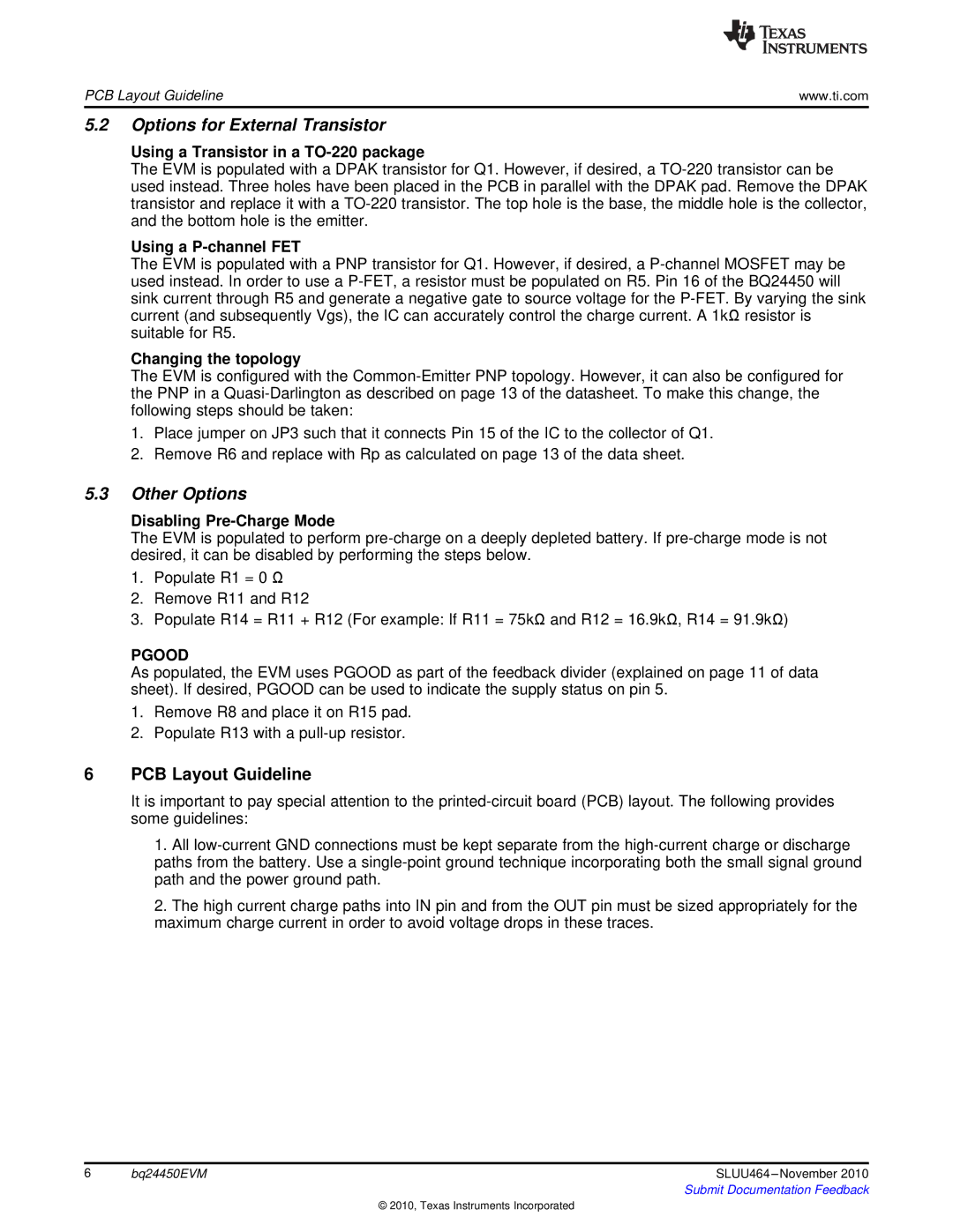 Texas Instruments BQ24450EVM manual Options for External Transistor, Other Options, PCB Layout Guideline 