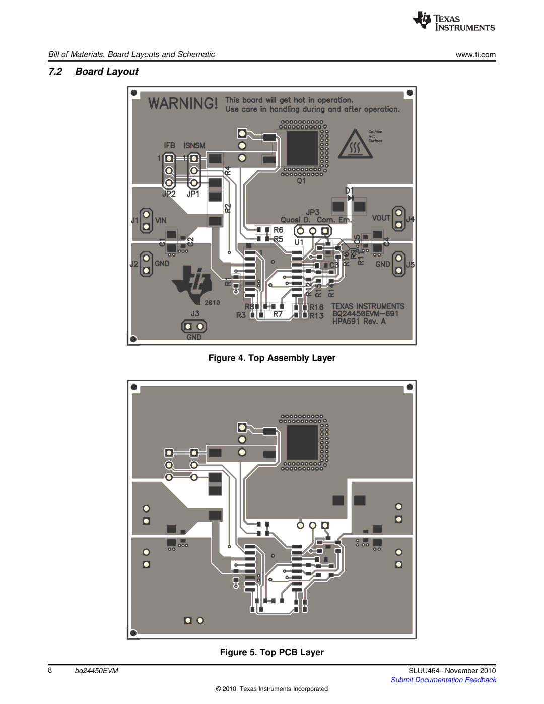 Texas Instruments BQ24450EVM manual Board Layout, Top Assembly Layer 