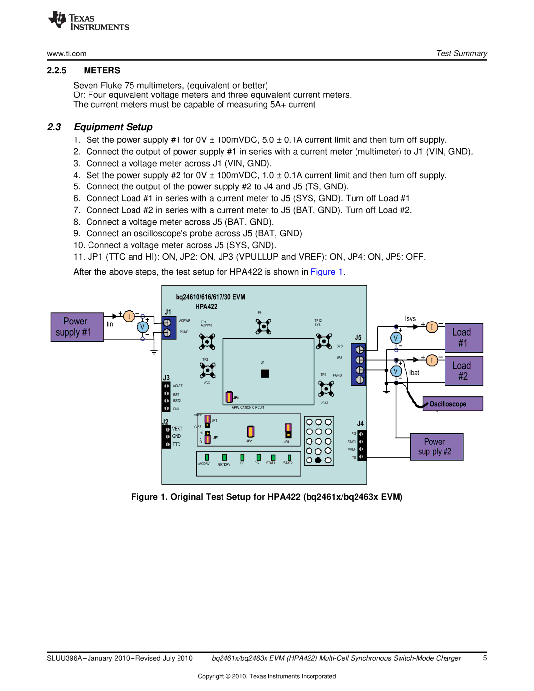 Texas Instruments BQ2461X, BQ2463X EVM manual Equipment Setup, Meters 