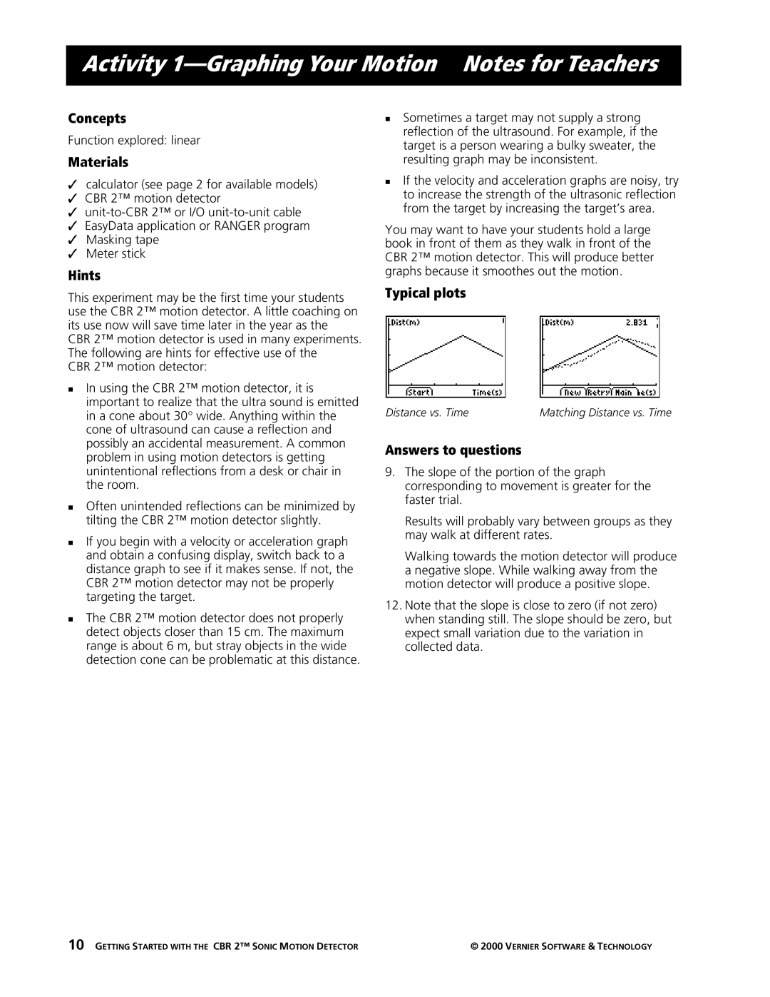 Texas Instruments CBR 2 manual Activity 1-Graphing Your Motion Notes for Teachers 