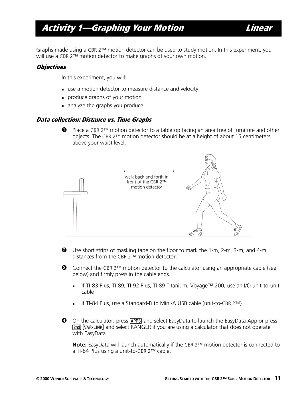 Texas Instruments CBR 2 manual Activity 1-Graphing Your Motion Linear, Objectives, Data collection Distance vs. Time Graphs 