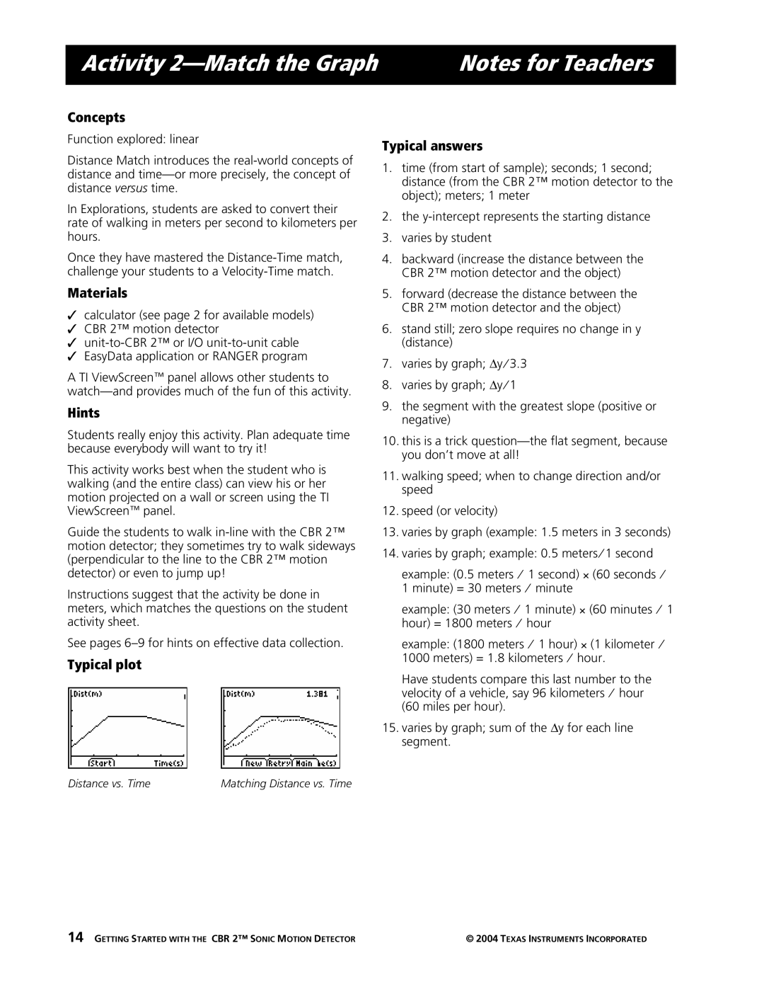 Texas Instruments CBR 2 manual Activity 2-Match the Graph, Typical plot, Typical answers 