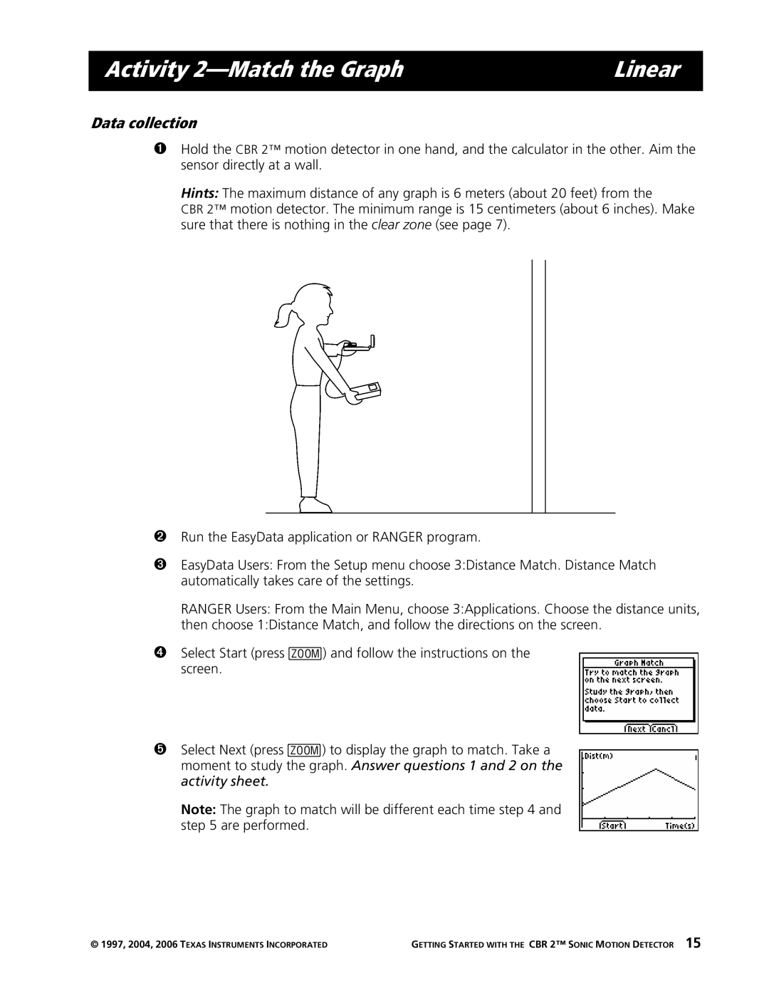 Texas Instruments CBR 2 manual Activity 2-Match the Graph Linear, Data collection 