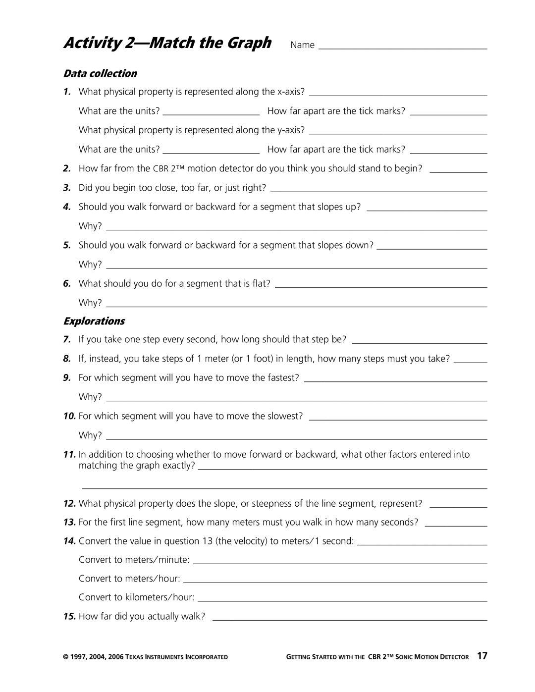 Texas Instruments CBR 2 manual Activity 2-Match the Graph Name 