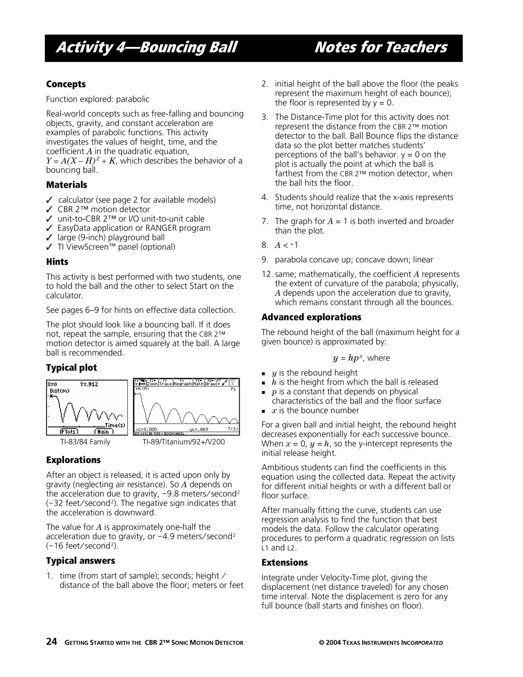 Texas Instruments CBR 2 manual Activity 4-Bouncing Ball, Explorations, Advanced explorations 