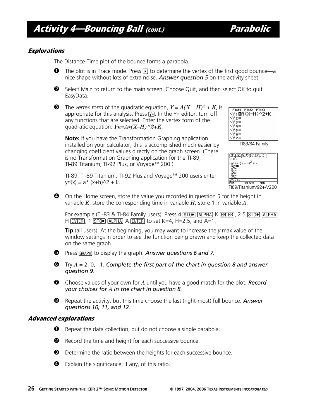 Texas Instruments CBR 2 manual Advanced explorations, Distance-Time plot of the bounce forms a parabola 