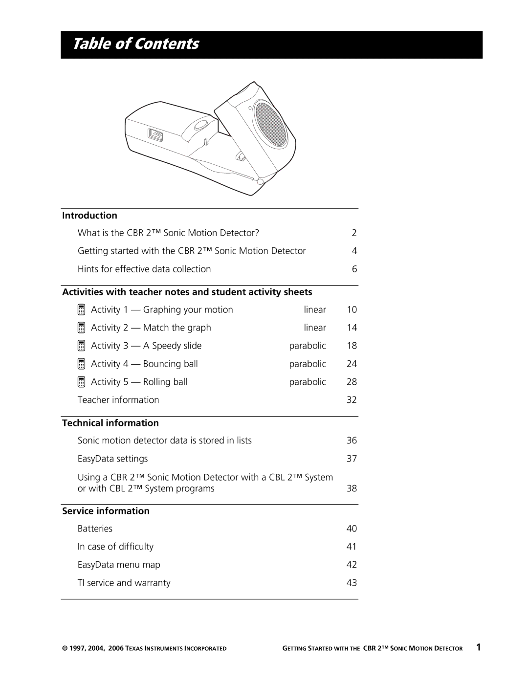 Texas Instruments CBR 2 manual Table of Contents 