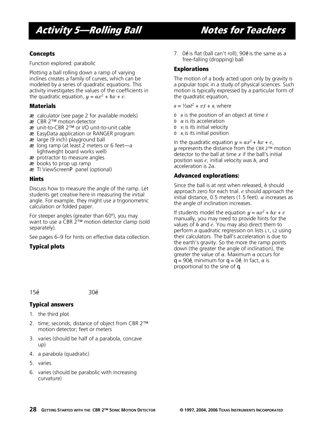 Texas Instruments CBR 2 manual Activity 5-Rolling Ball, Concepts 