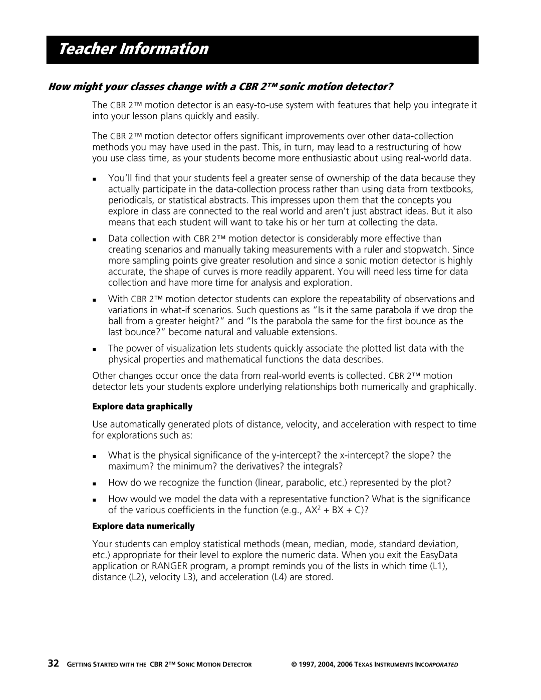 Texas Instruments CBR 2 manual Teacher Information 