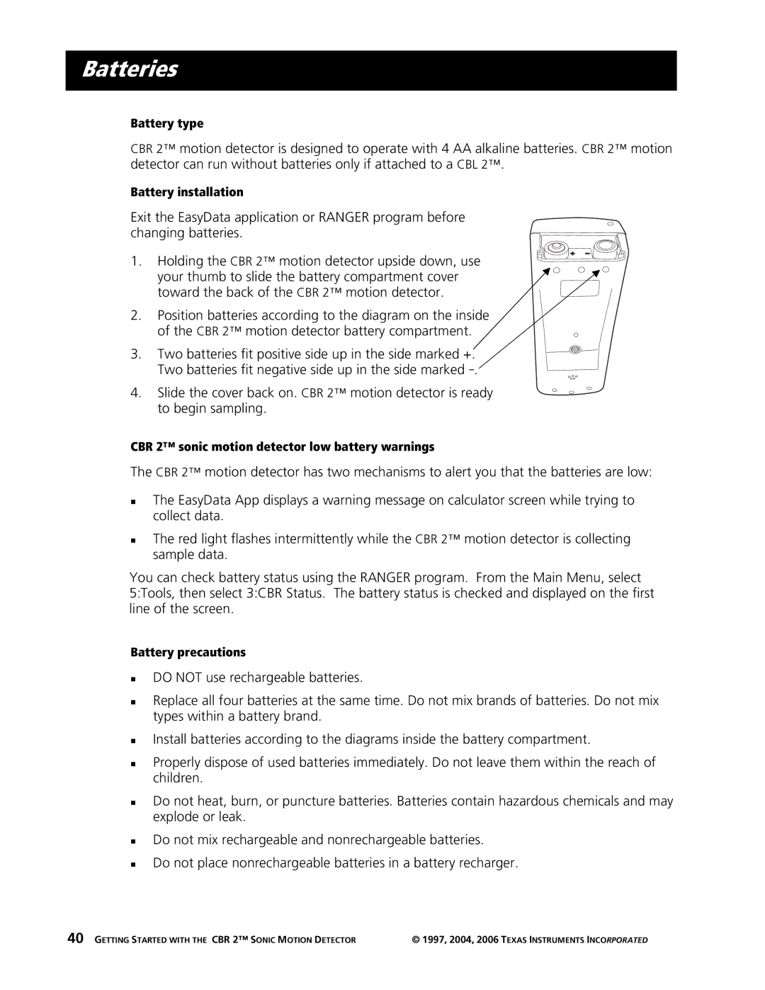 Texas Instruments CBR 2 manual Batteries 