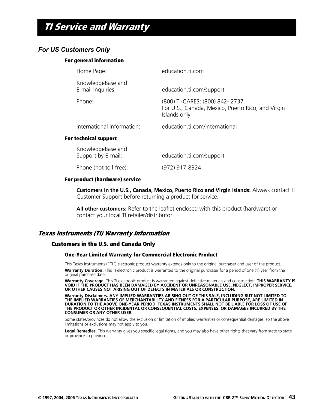 Texas Instruments CBR 2 manual TI Service and Warranty, For US Customers Only, Texas Instruments TI Warranty Information 