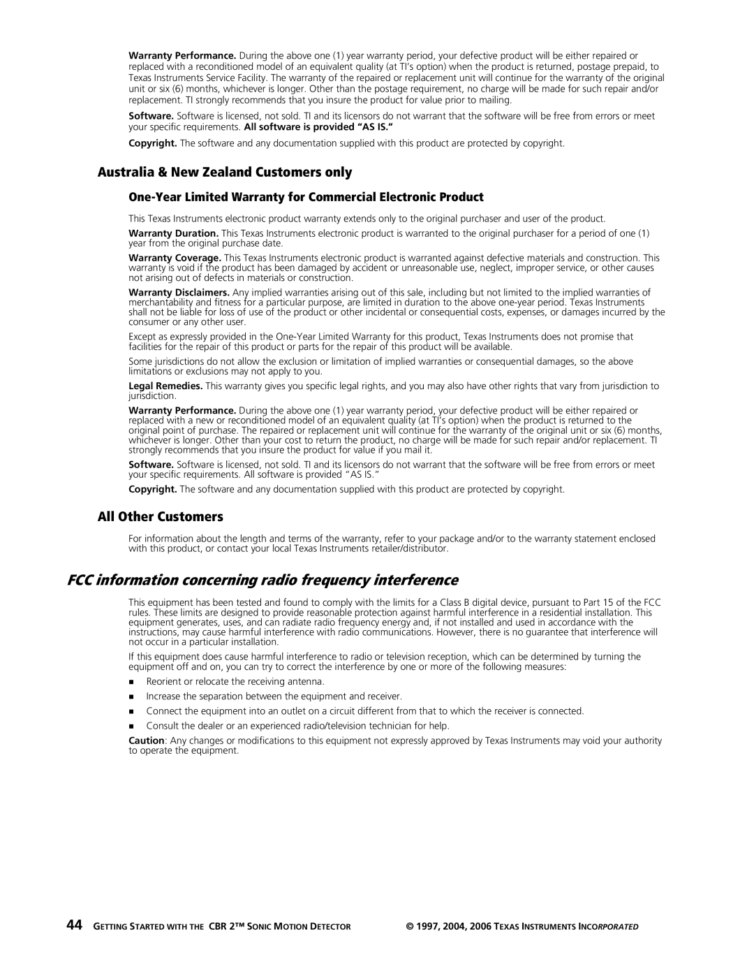 Texas Instruments CBR 2 FCC information concerning radio frequency interference, Australia & New Zealand Customers only 