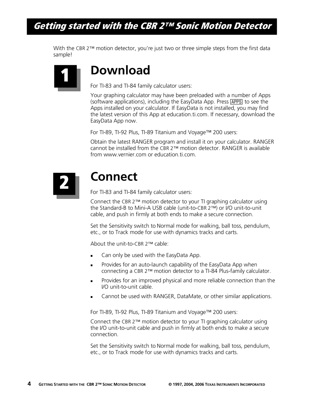 Texas Instruments manual Download, Getting started with the CBR 2 Sonic Motion Detector 