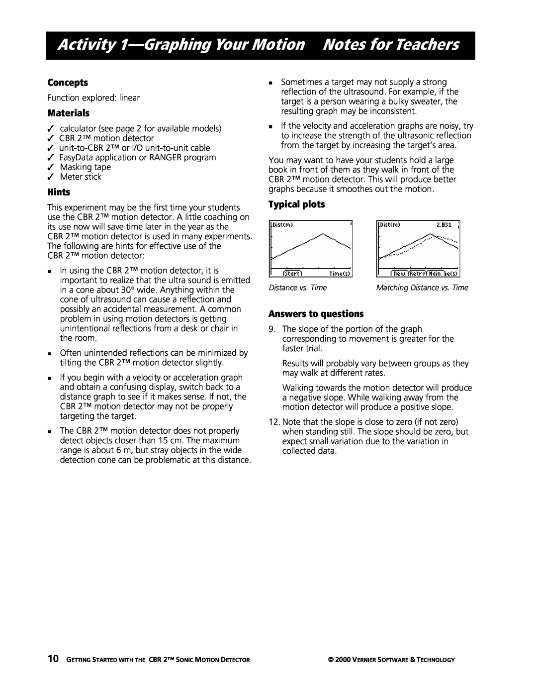 Texas Instruments CBR 2 manual Activity 1-GraphingYour Motion Notes for Teachers, Concepts, Materials, Hints, Typical plots 