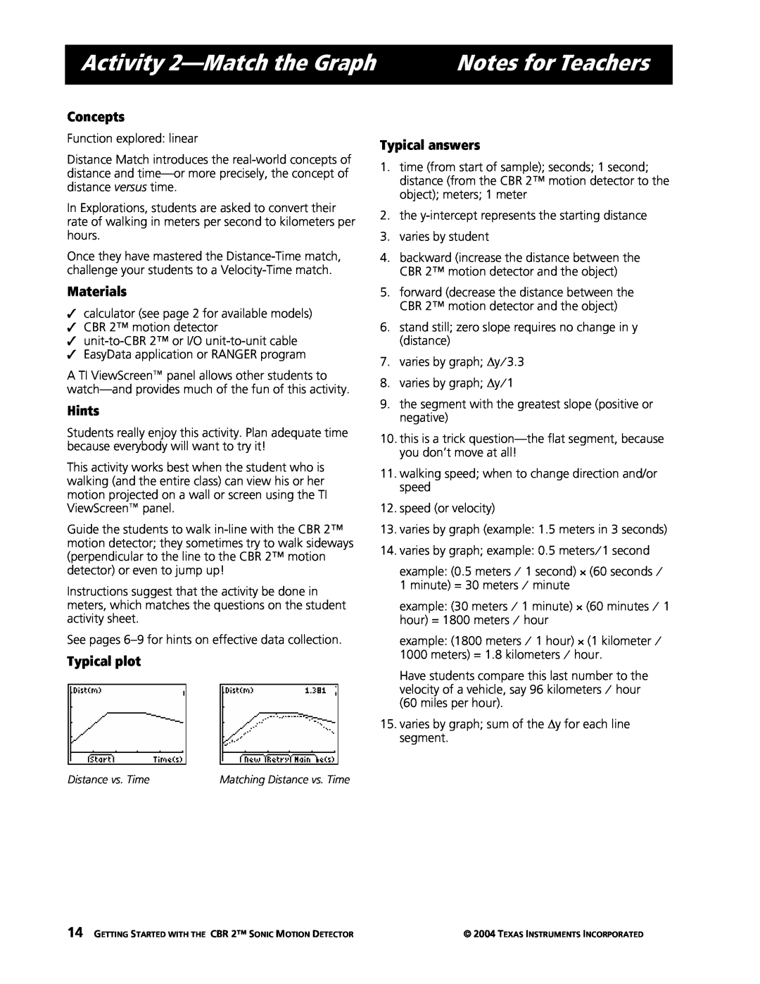 Texas Instruments CBR 2 manual Activity 2-Matchthe Graph, Notes for Teachers, Concepts, Materials, Hints, Typical plot 