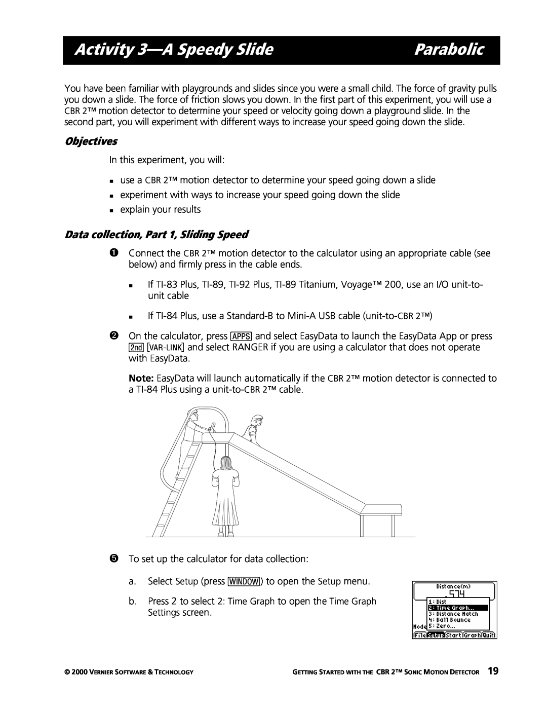 Texas Instruments CBR 2 manual Parabolic, Activity 3-ASpeedy Slide, Objectives, Data collection, Part 1, Sliding Speed 