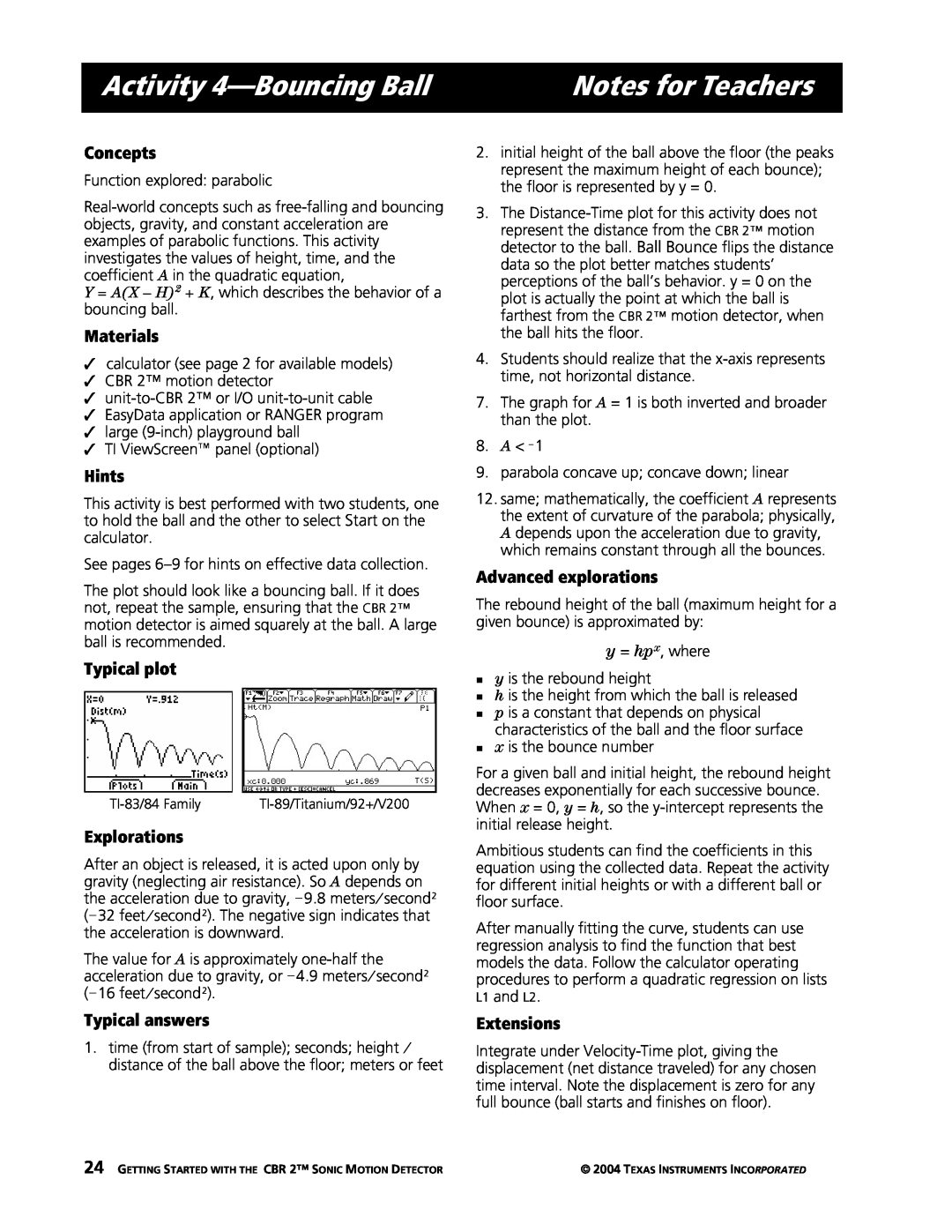 Texas Instruments CBR 2 Activity 4-BouncingBall, Notes for Teachers, Concepts, Materials, Hints, Typical plot, Extensions 
