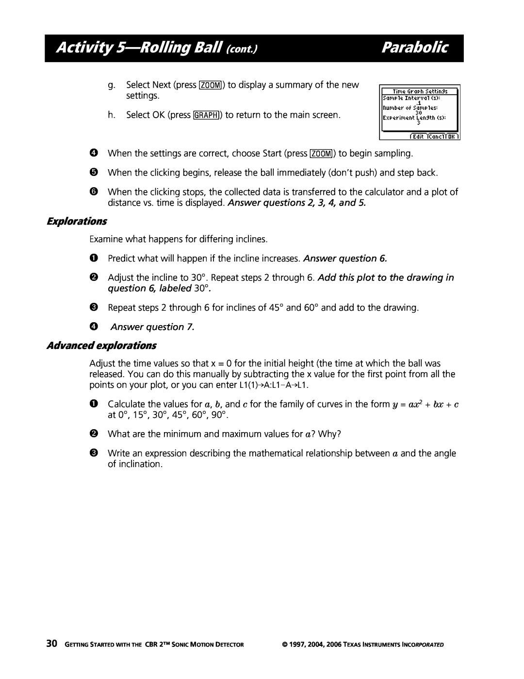 Texas Instruments CBR 2 manual Activity 5-RollingBall cont, Parabolic, ÍAnswer question 