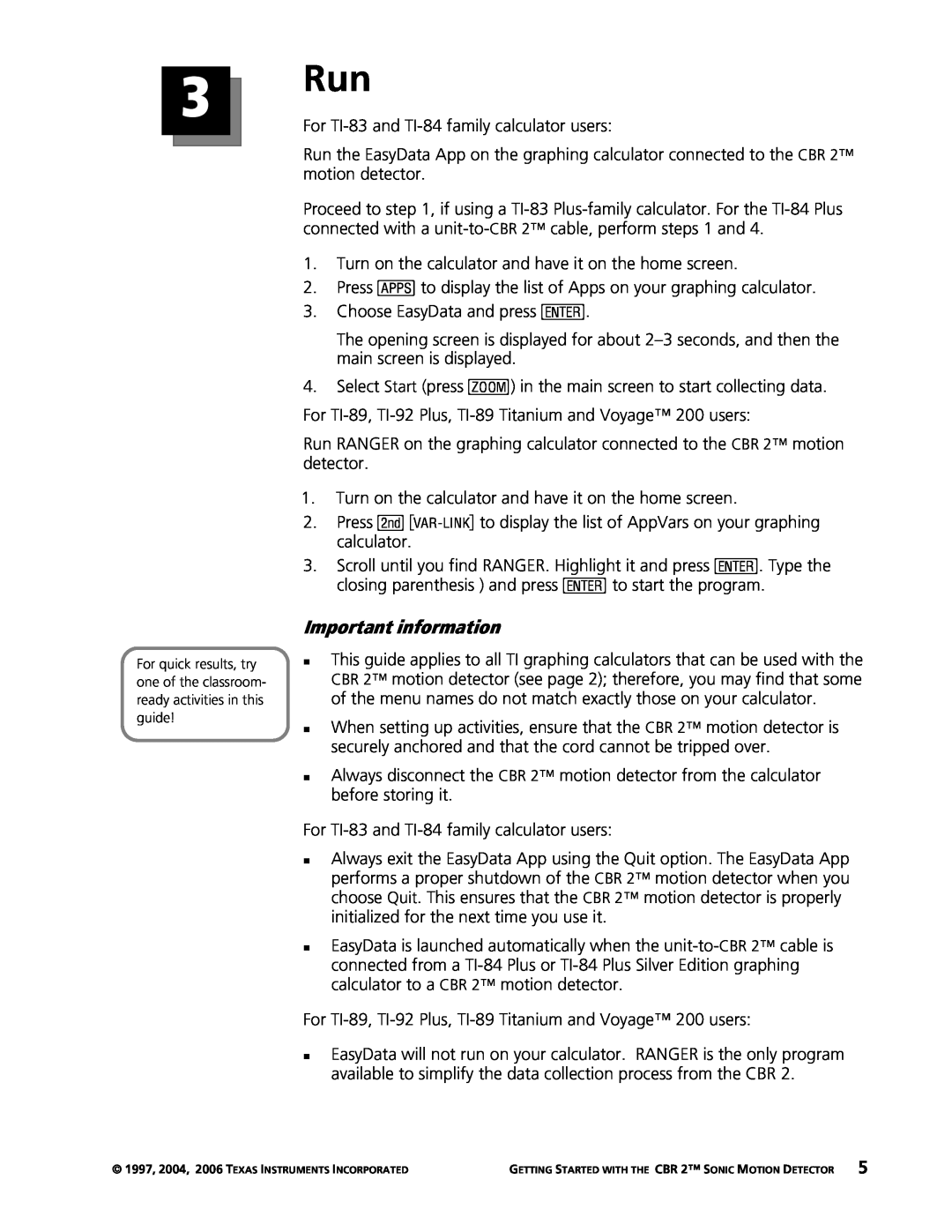 Texas Instruments CBR 2 manual Important information 