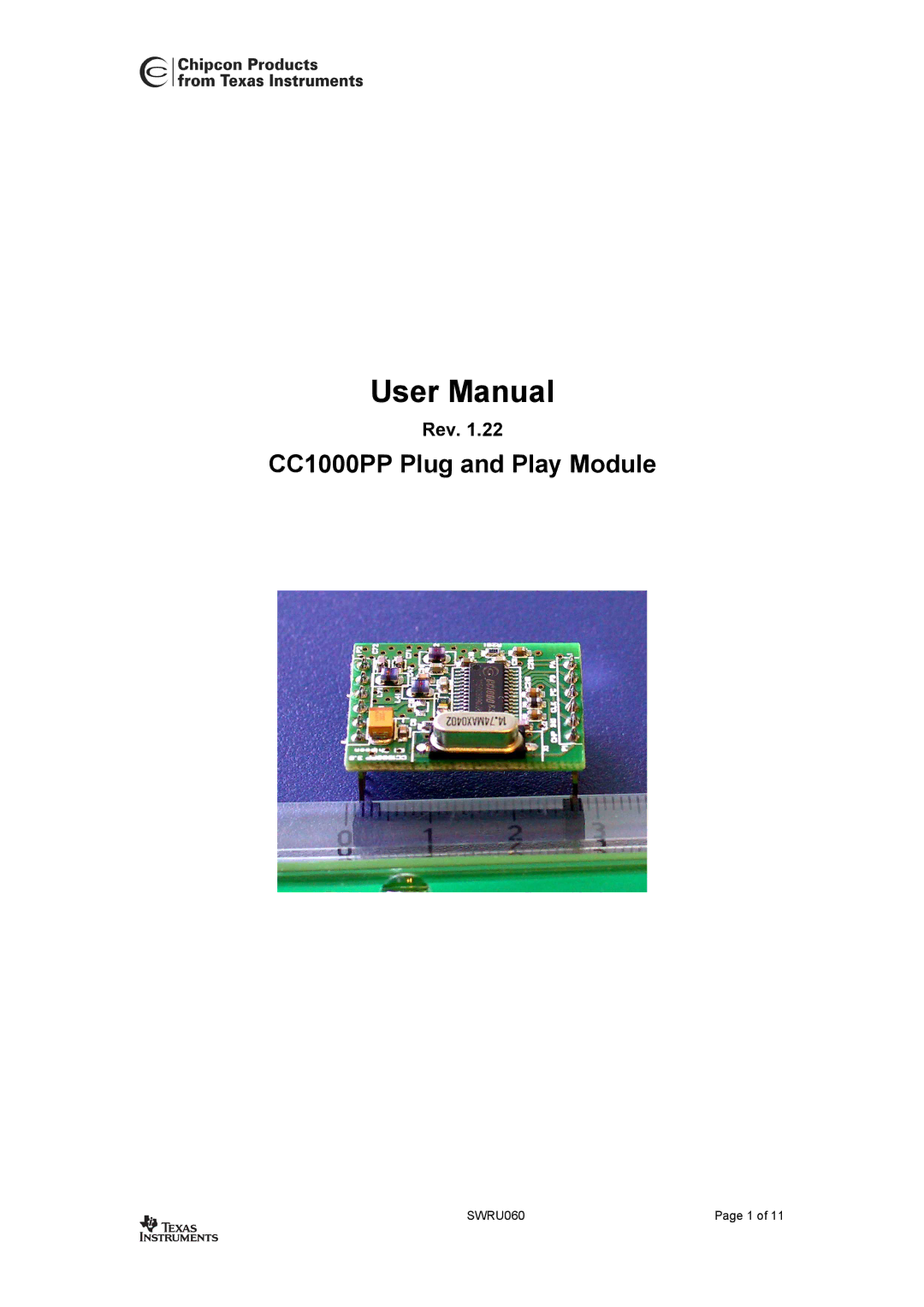 Texas Instruments user manual CC1000PP Plug and Play Module, Rev 