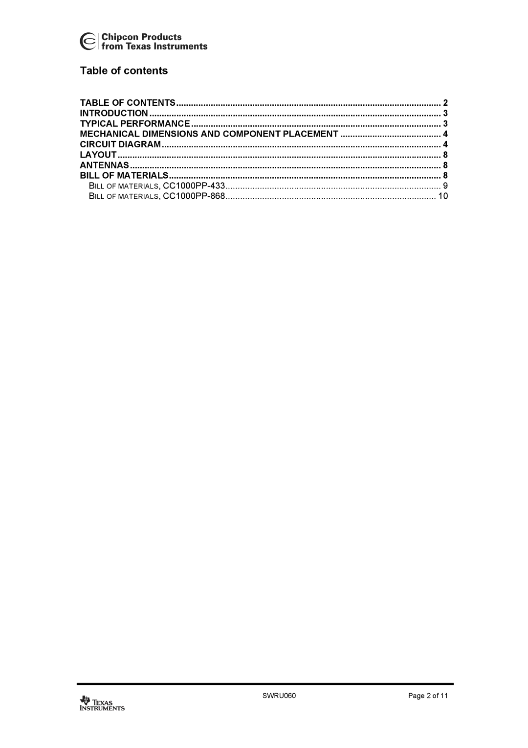 Texas Instruments CC1000PP user manual Table of contents 