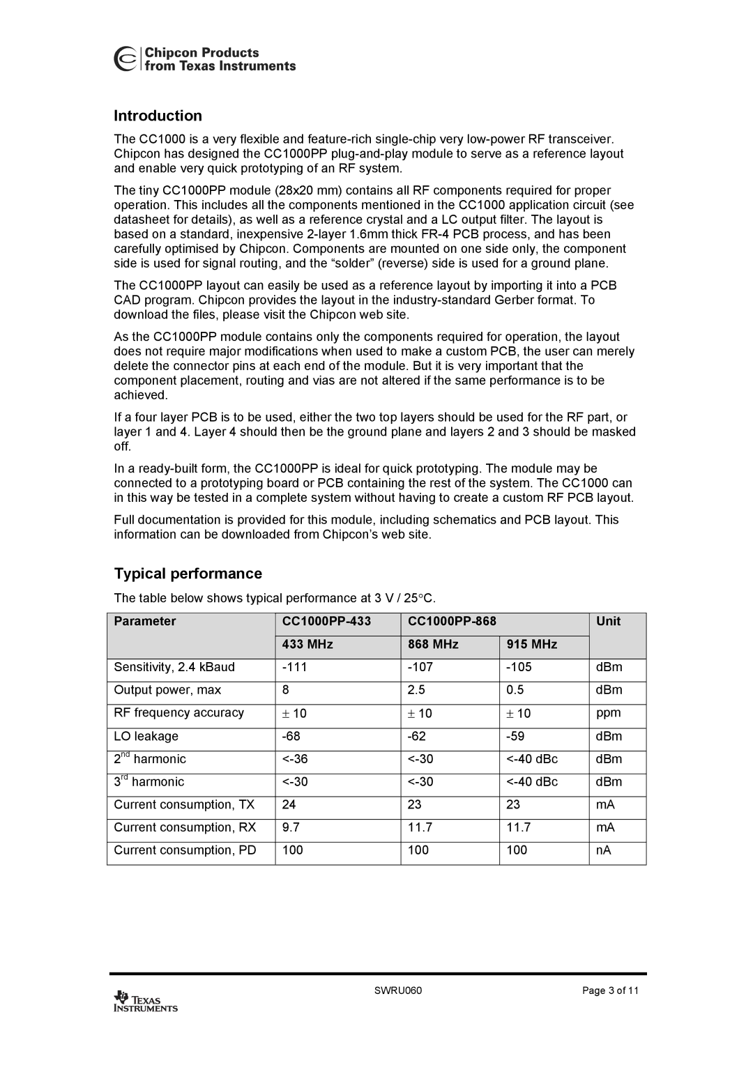 Texas Instruments CC1000PP user manual Introduction, Typical performance 