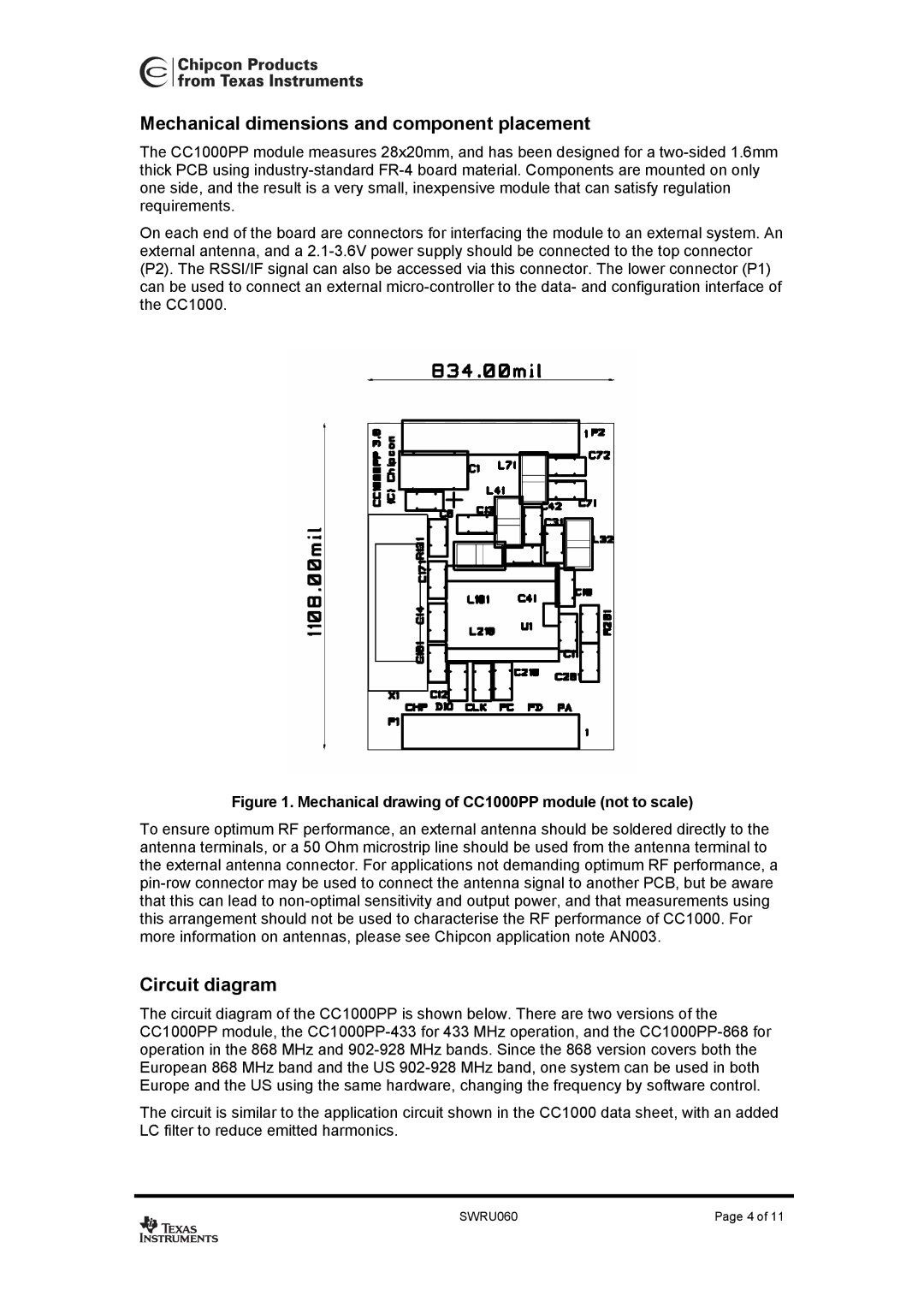 Texas Instruments CC1000PP user manual Mechanical dimensions and component placement, Circuit diagram 