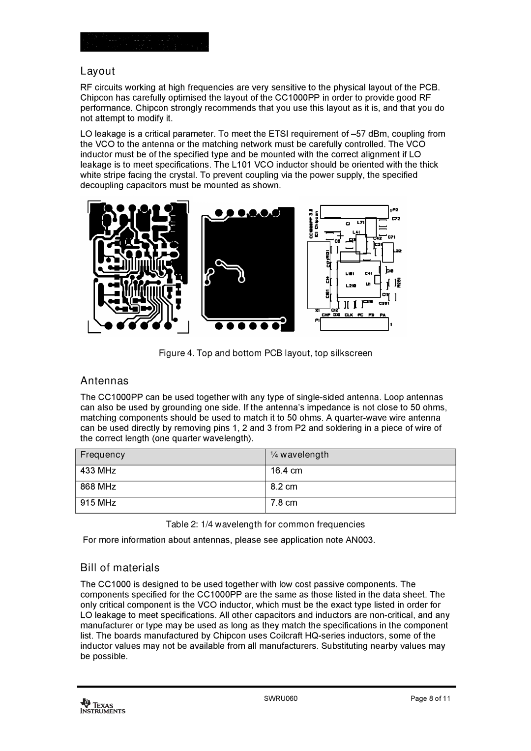 Texas Instruments CC1000PP user manual Layout, Antennas, Bill of materials 