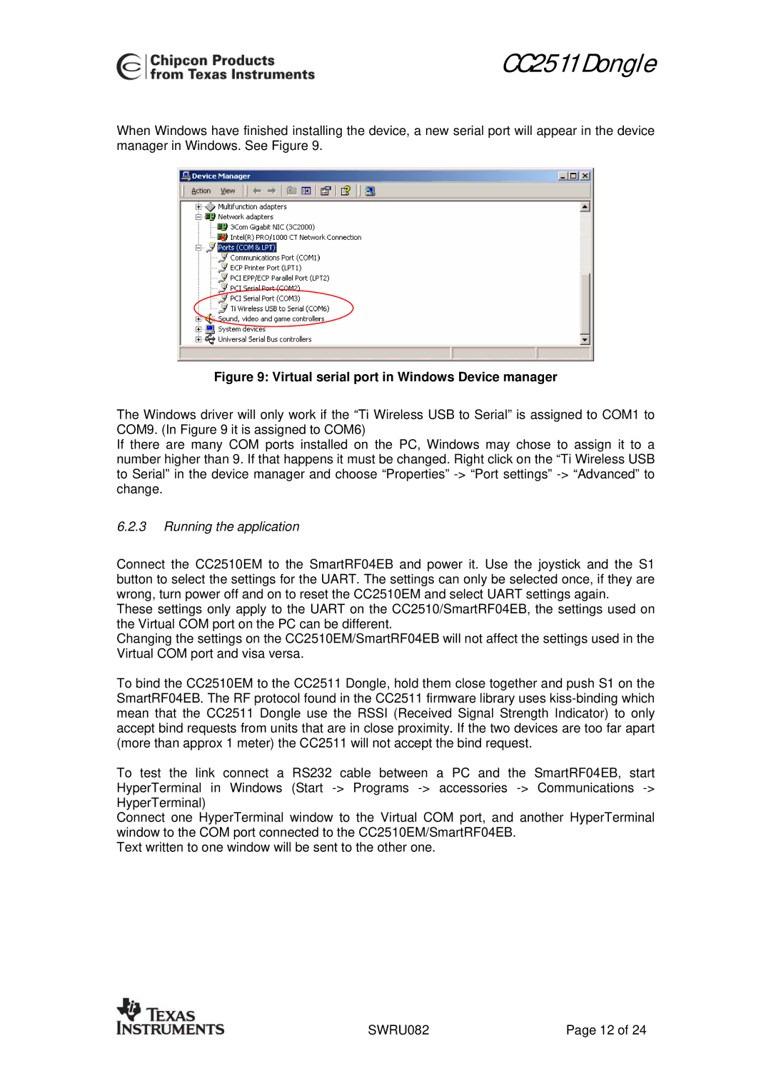 Texas Instruments CC2511 user manual Virtual serial port in Windows Device manager 