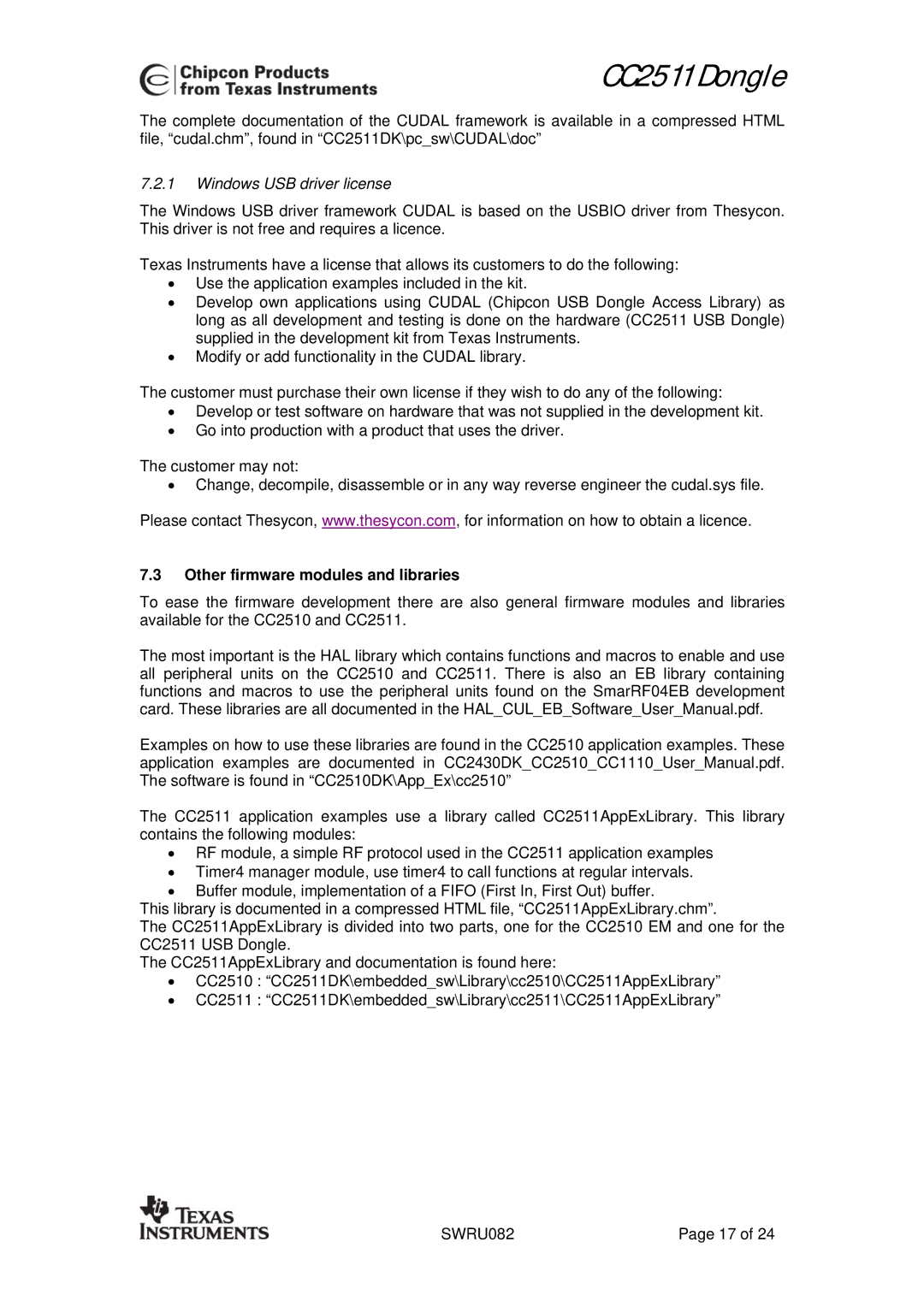 Texas Instruments CC2511 user manual Windows USB driver license, Other firmware modules and libraries 