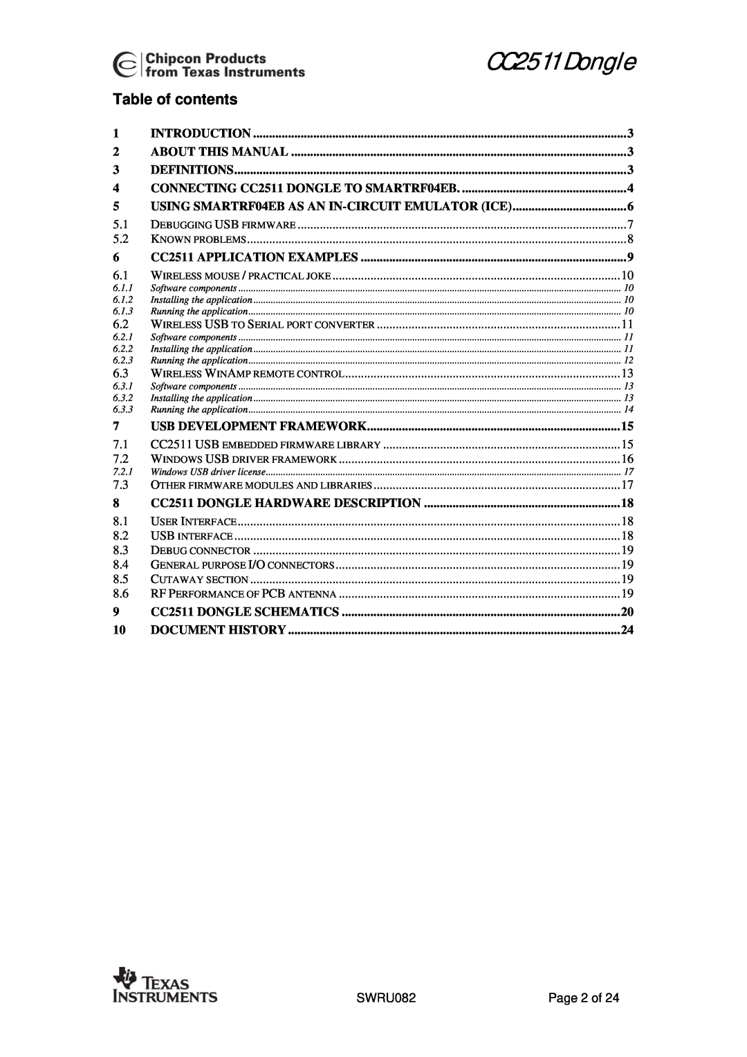 Texas Instruments user manual Table of contents, CC2511 Dongle 