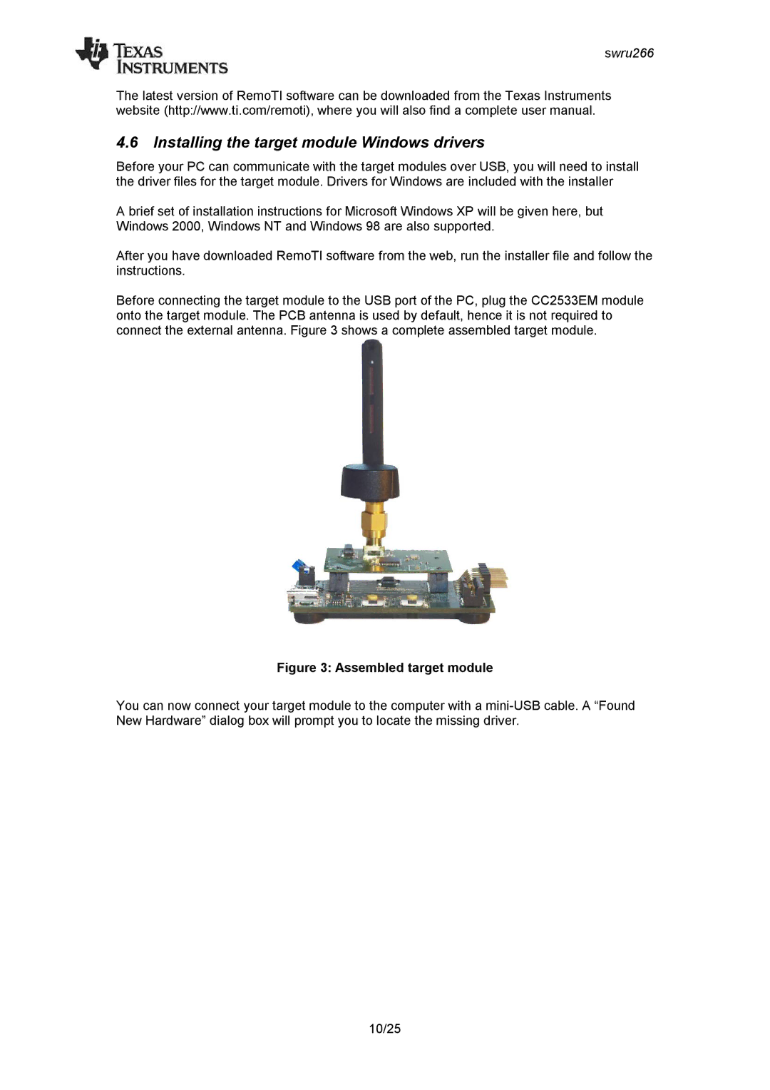 Texas Instruments CC2533 manual Installing the target module Windows drivers, Assembled target module 