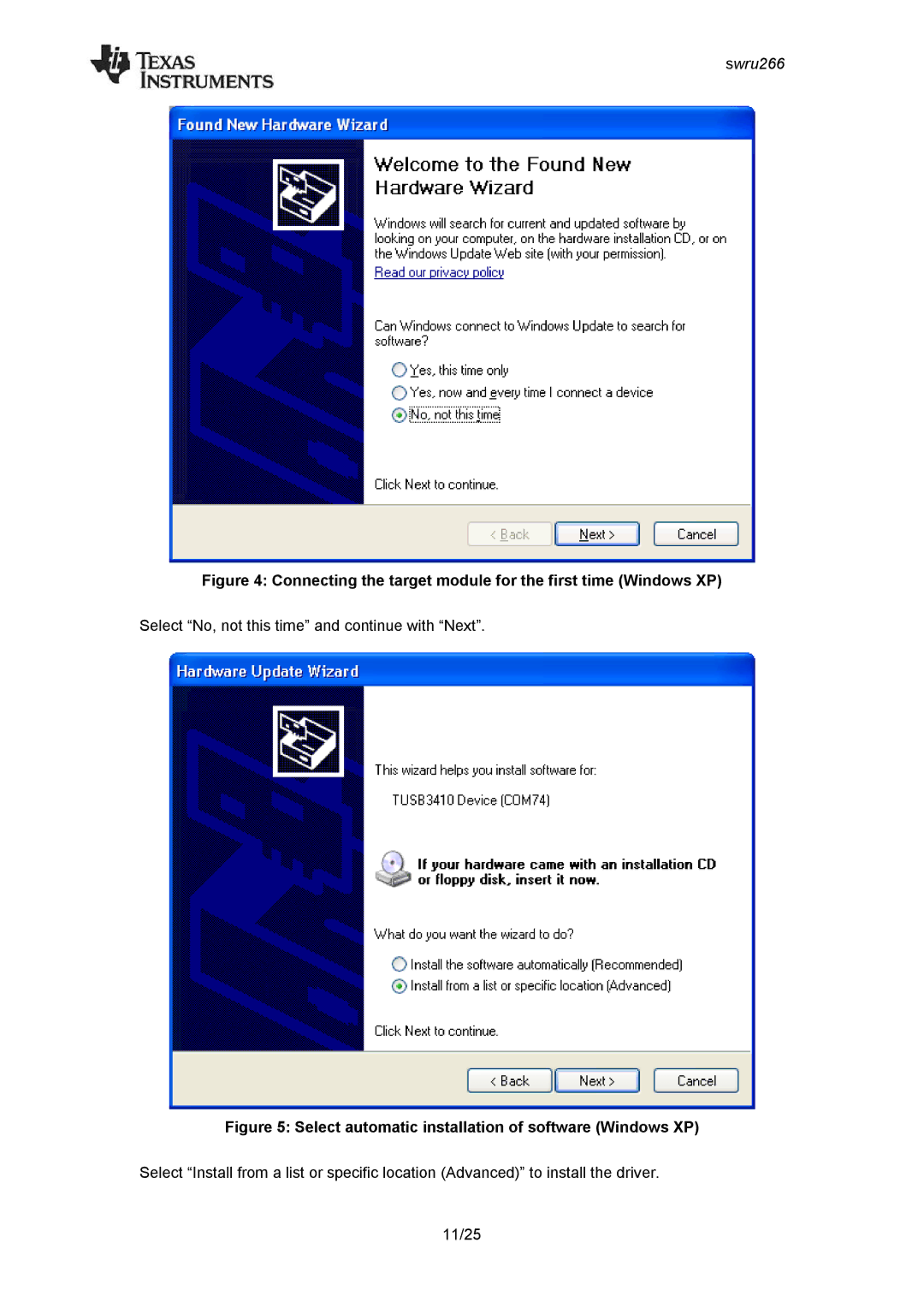 Texas Instruments CC2533 manual Connecting the target module for the first time Windows XP 