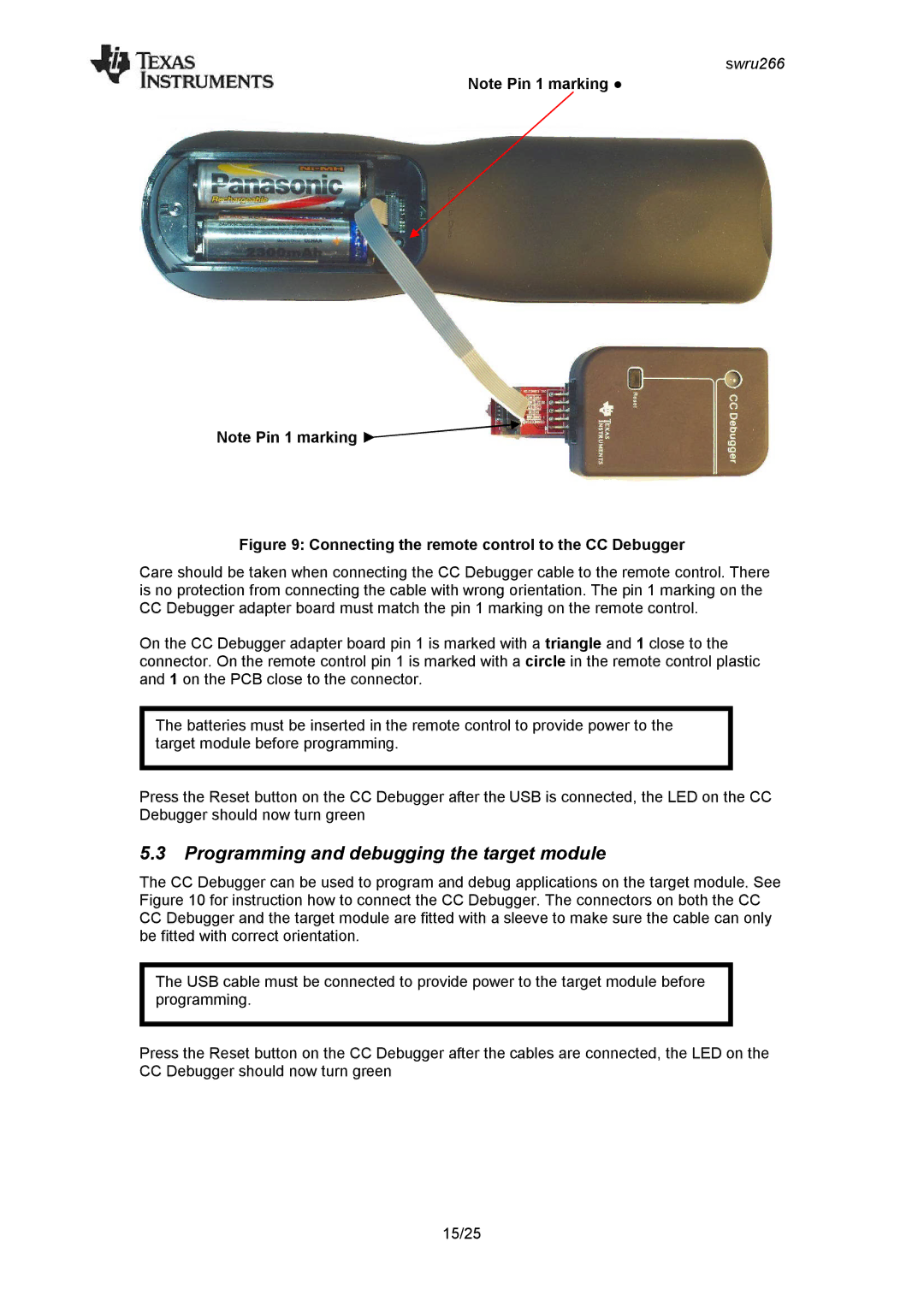 Texas Instruments CC2533 Programming and debugging the target module, Connecting the remote control to the CC Debugger 
