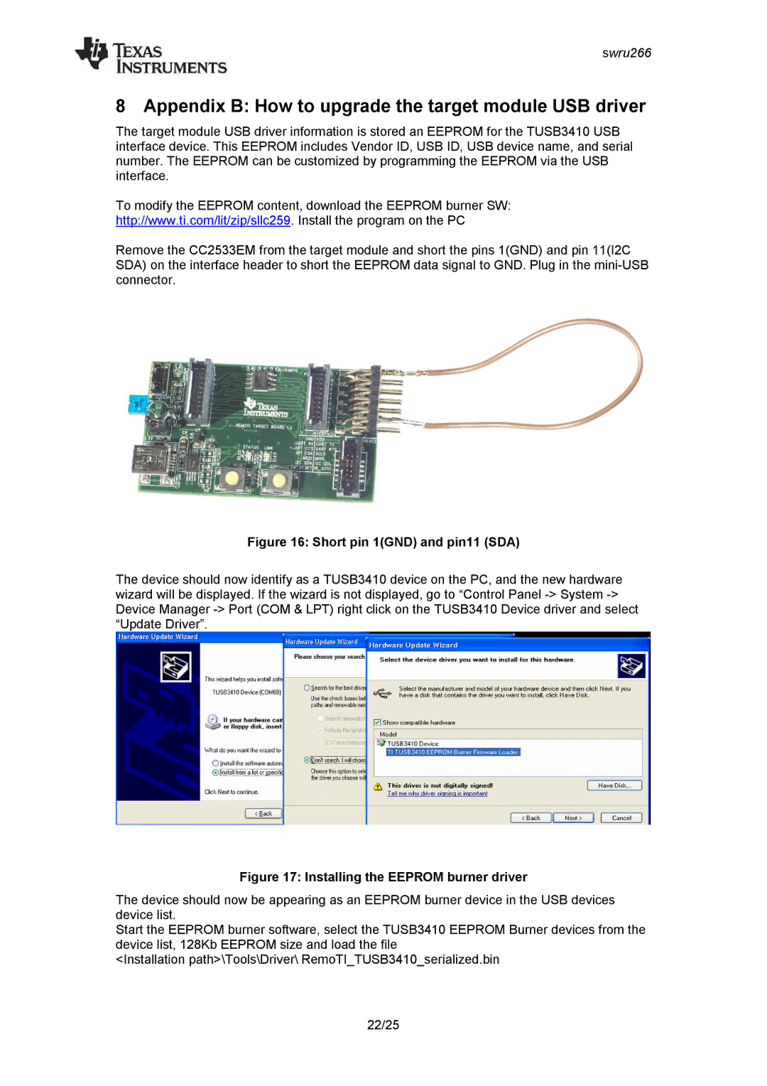 Texas Instruments CC2533 manual Appendix B How to upgrade the target module USB driver, Short pin 1GND and pin11 SDA 