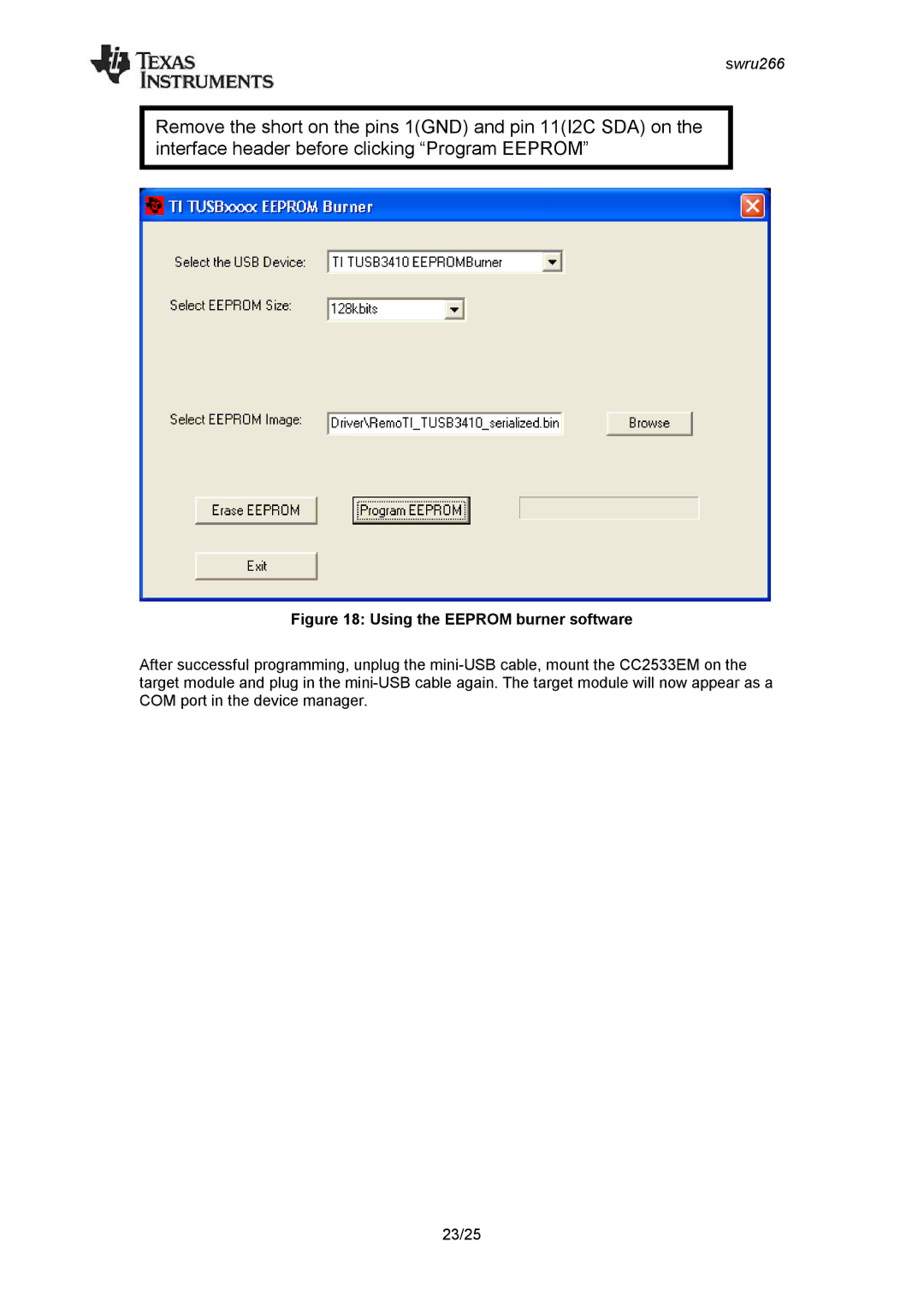 Texas Instruments CC2533 manual Using the Eeprom burner software 