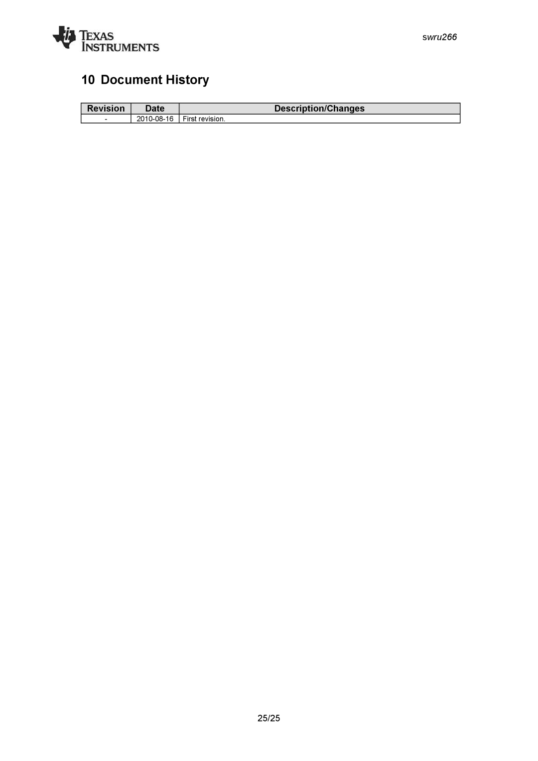 Texas Instruments CC2533 manual Document History, Revision Date Description/Changes 