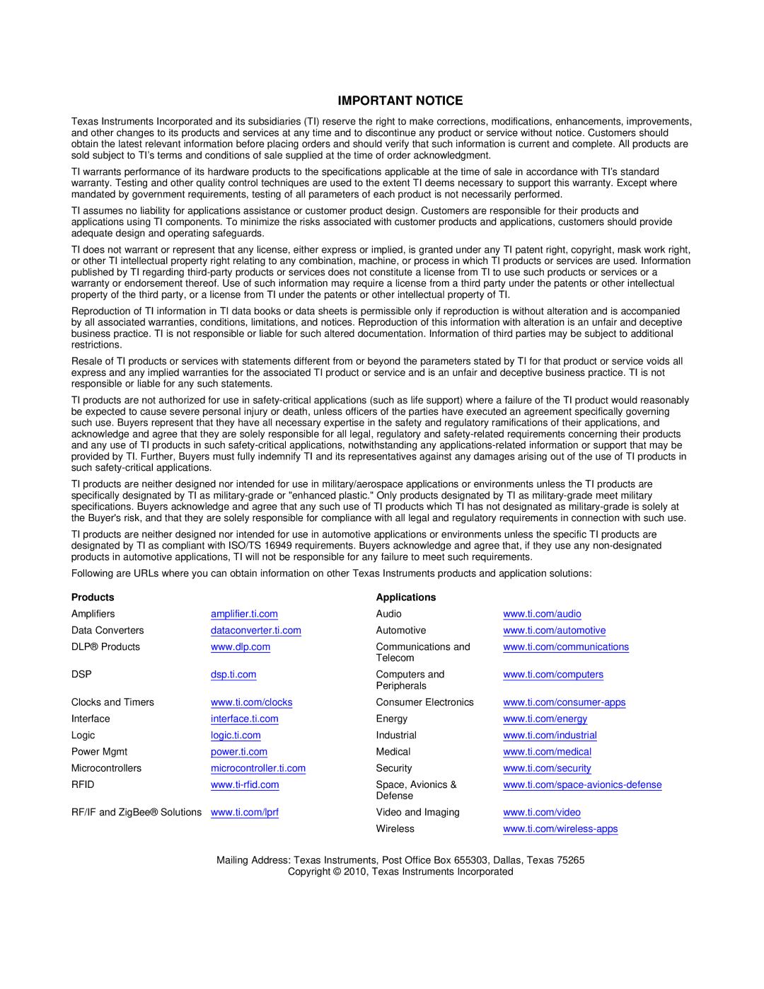 Texas Instruments CC2533 manual Important Notice 