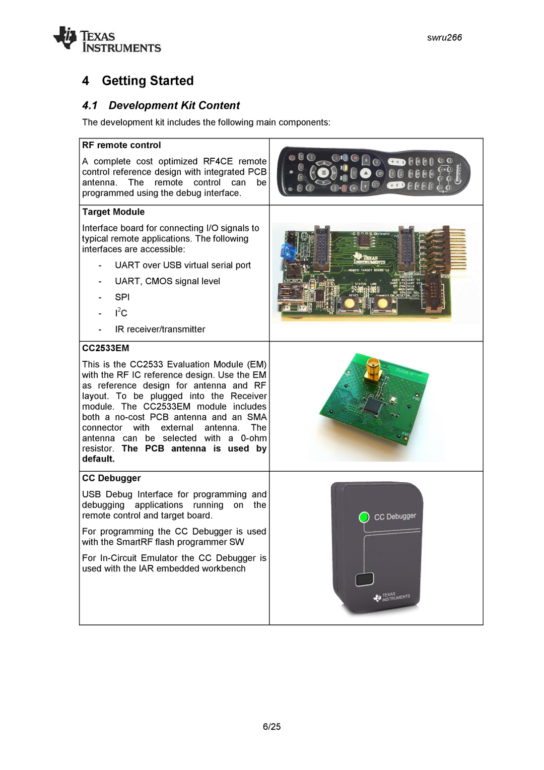 Texas Instruments CC2533 manual Getting Started, Development Kit Content 