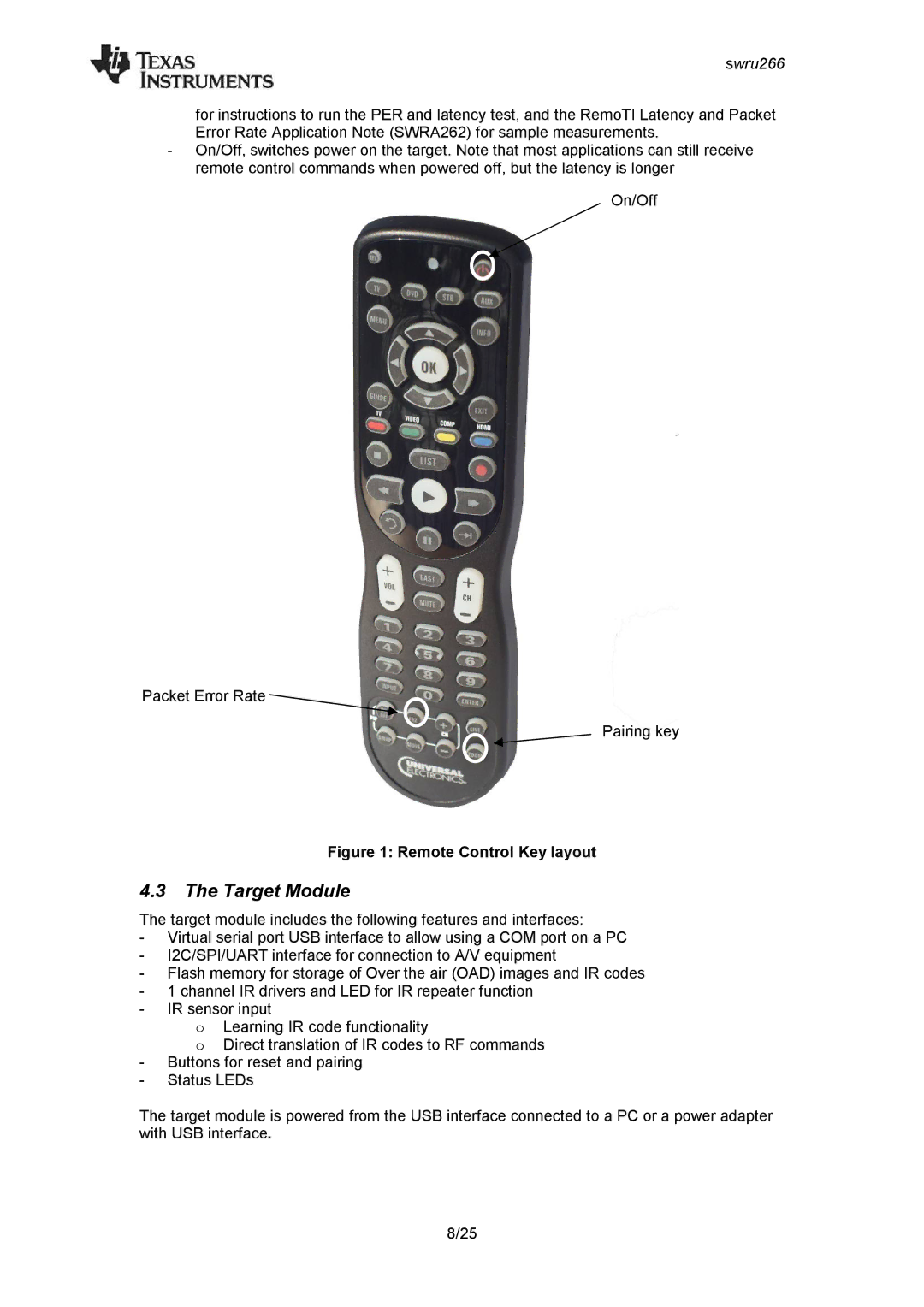 Texas Instruments CC2533 manual Target Module, Remote Control Key layout 