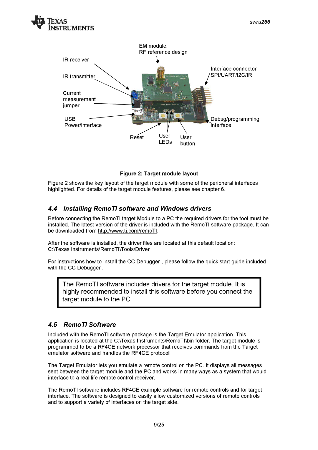 Texas Instruments CC2533 manual Installing RemoTI software and Windows drivers, RemoTI Software 