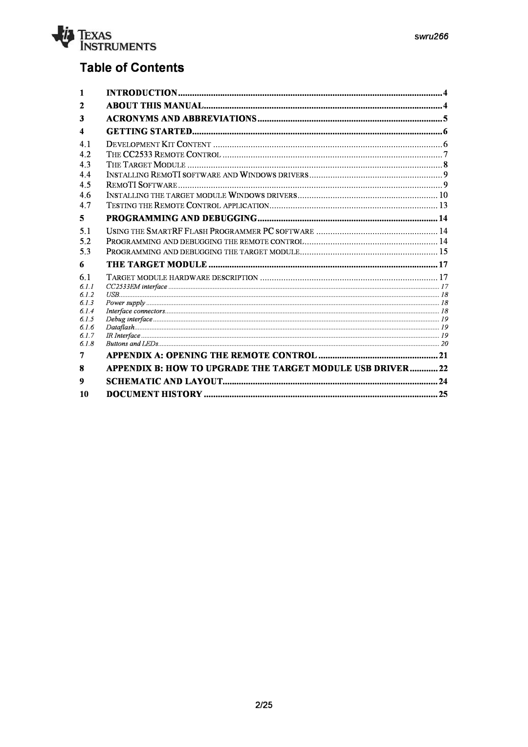 Texas Instruments CC2533 manual Table of Contents, swru266 