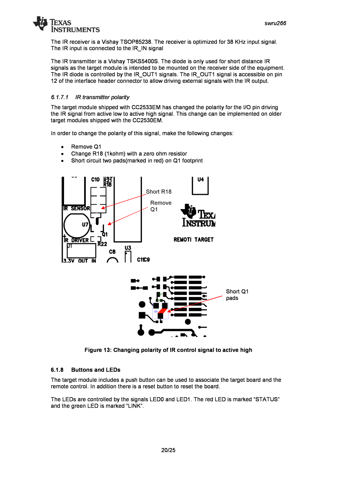Texas Instruments CC2533 manual 6.1.7.1IR transmitter polarity, 6.1.8Buttons and LEDs, swru266 