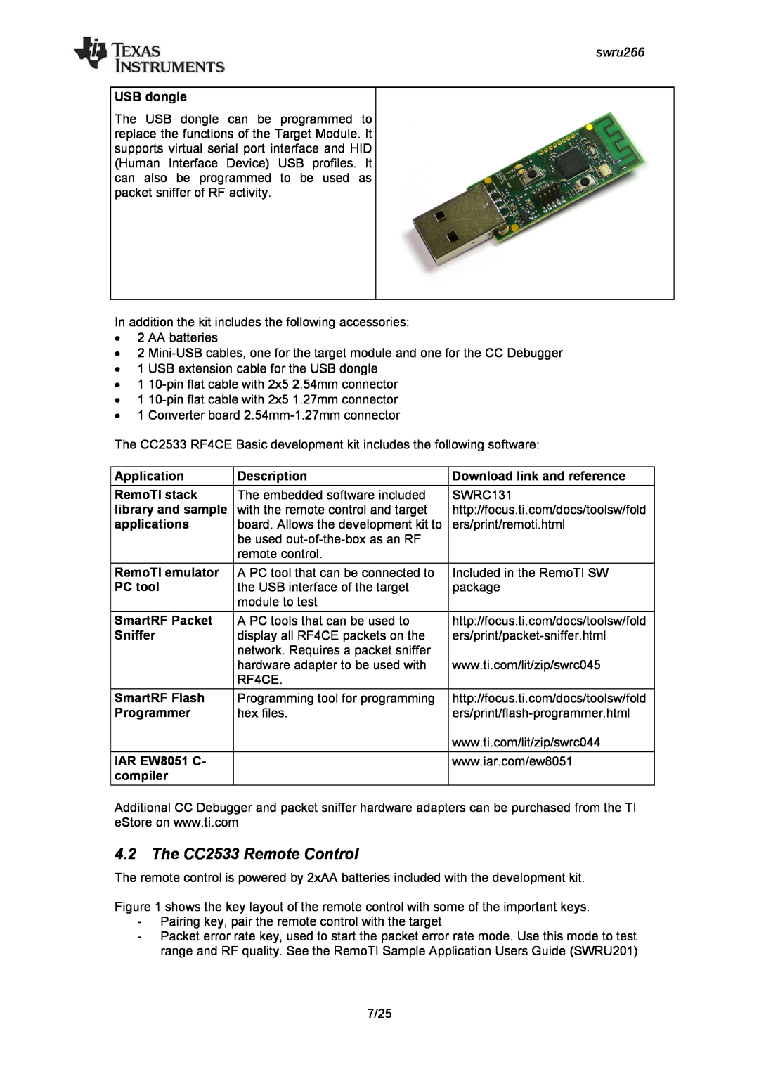 Texas Instruments manual 4.2The CC2533 Remote Control, USB dongle, Application, Description, Download link and reference 
