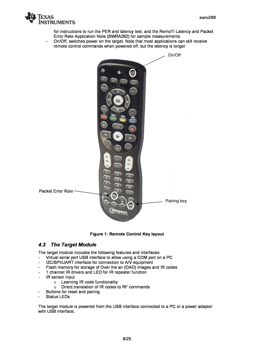 Texas Instruments CC2533 manual 4.3The Target Module, Remote Control Key layout, swru266 