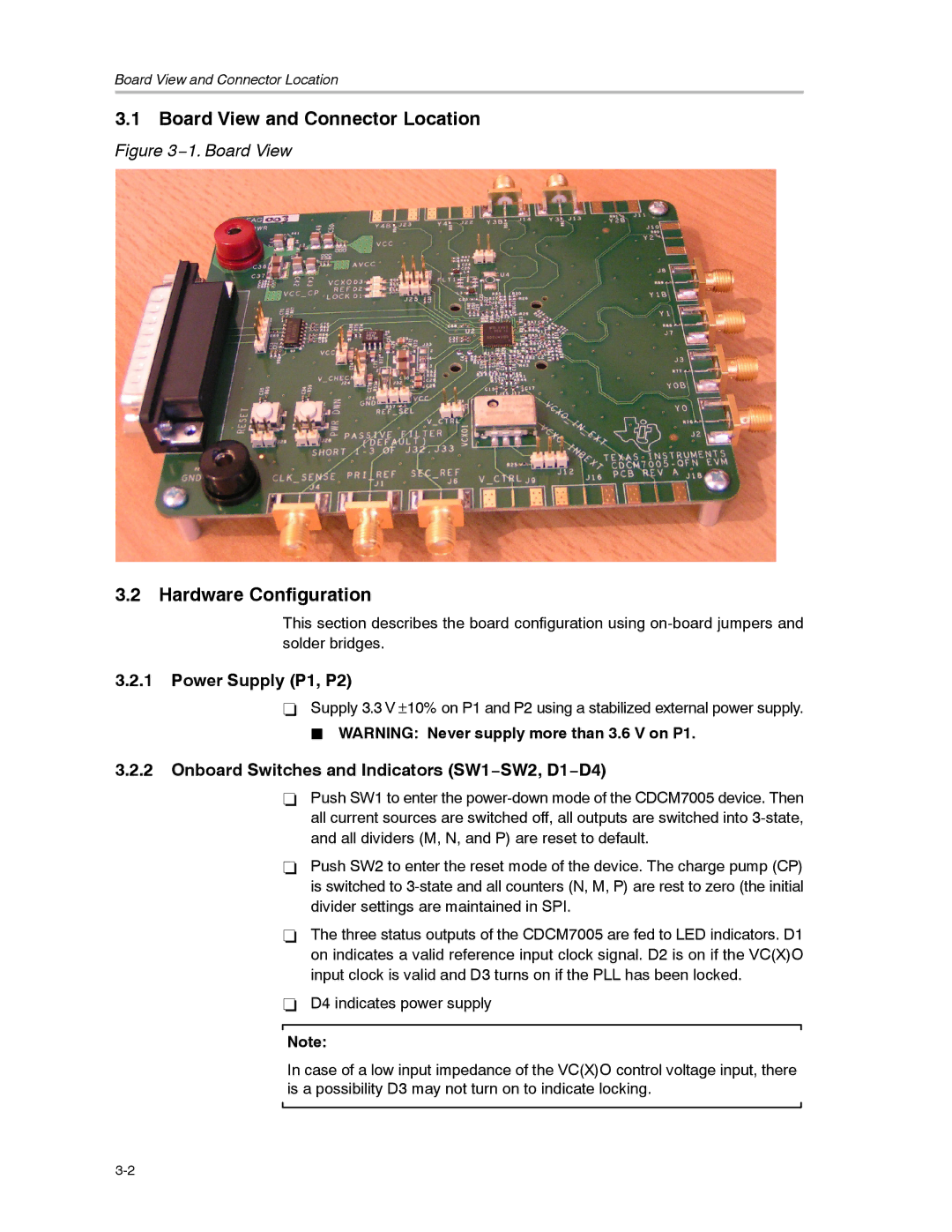 Texas Instruments CDCM7005 manual Board View and Connector Location, Hardware Configuration, Power Supply P1, P2 