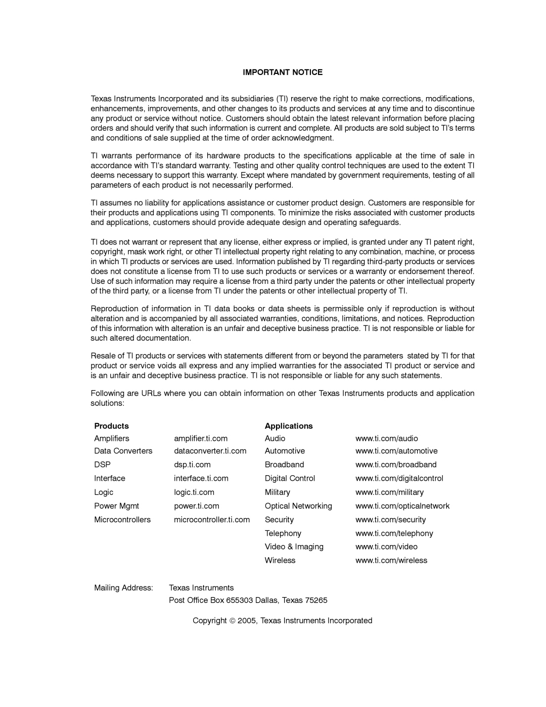 Texas Instruments CDCM7005 manual Important Notice 